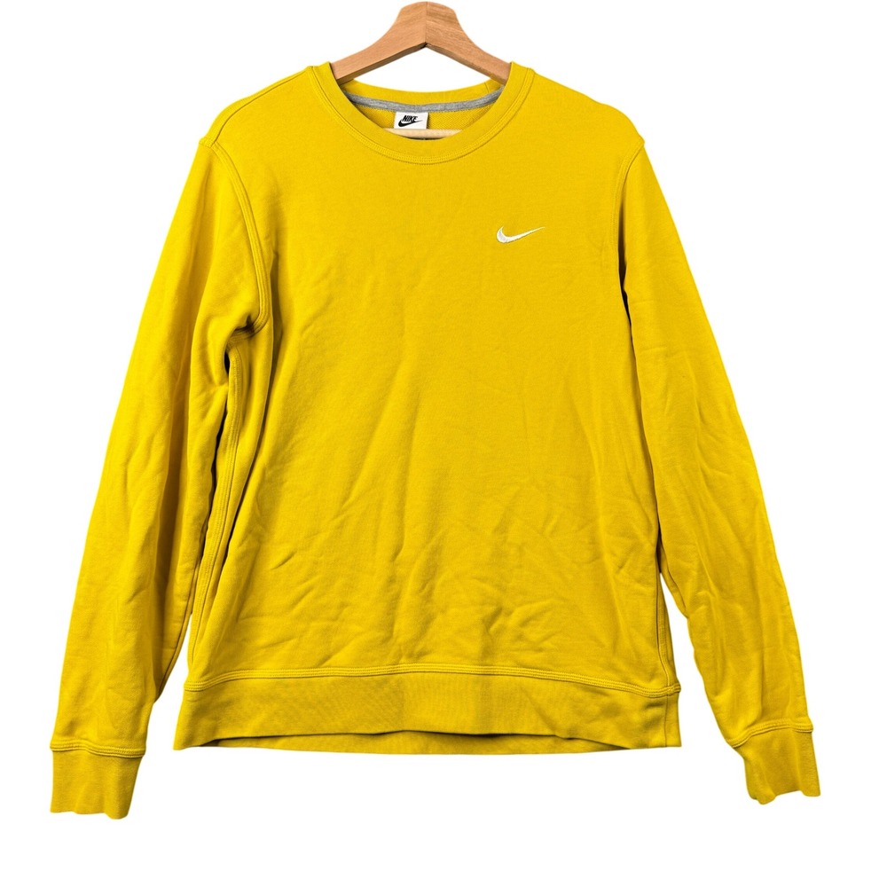 Nike Mens Crewneck Sweatshirt Yellow Embroidered Swoosh Logo 100% Cotton Size L